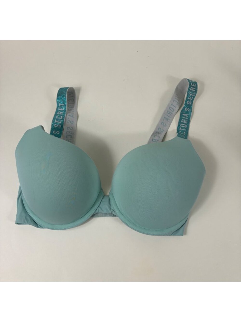 Victoria’s Secret T-Shirt Push-Up Bra 34DD Aqua Glitter Logo Strap Full Coverage